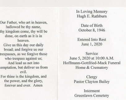 Hugh E Rathburn Funeral Prayer Card
